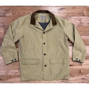 VTG L.L. Bean Canvas Chore Barn Coat Men's XL Beige Corduroy Gray Flannel Lining
